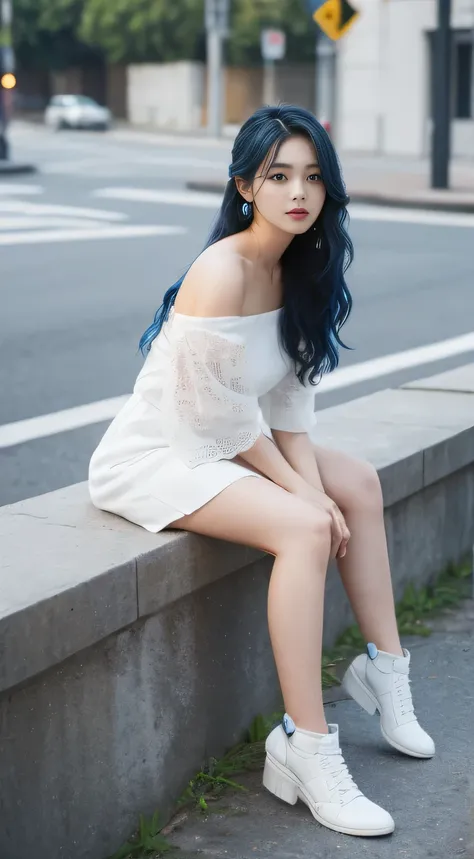 （street：1 Blue-haired girl ，get up，A word, step+）， masterpiece，  of the best quality，  original photo， Realistically ， Face，  Very ridiculous Resourcetras long curly brown hair wraps around the ears)，Eyeshadow，Technical Clothing，(White off-the-shoulder kne...