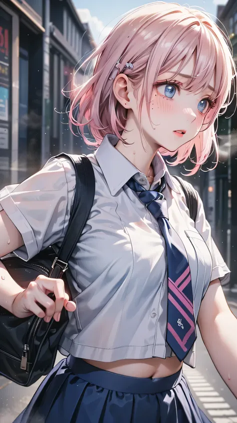  ( 1 girl),( best image quality , 8k, masterpiece:1.3), ( College Student :1.5), ( pink dyed hair ), ( Unkempt Hair ), (Oblique sky blue eyes), (( school uniform, white short sleeve simple shirt,  dark blue skirt ,  Pink Necktie )), (Ultra Clear:1.5), ( gl...