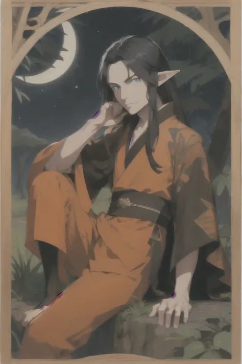 a noble mature male elf, long black hair, blue eyes, wearing orange and black kimono, sitting in the savanna at night