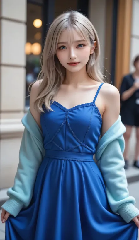 (masterpiece),( top quality :1.2),( Perfect Anatomy), delicate details without lighting,(( 1 girl)), long silver hair,((Big Breasts)), beautiful and delicate blue eyes , royal blue long dress , aqua blue shawl draped on the shoulder,