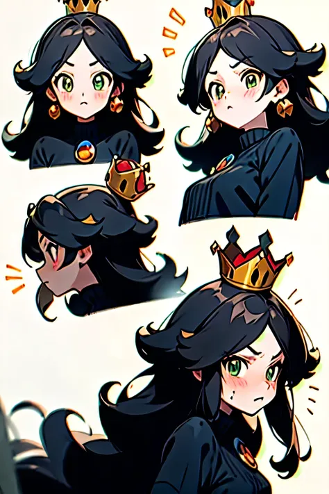 princess, Mario bros style, black hair, expressions face pack, green eyes, pretty, black dress, fire princess, crown, high quality, anime girl, torso, elegant, blushing, glaring, blank background, upper body, 2d, anime girl