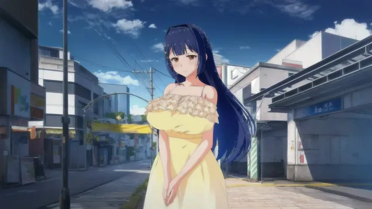 Anime girl in yellow dress standing on sidewalk in urban area,  anime style . 8k,  anime art style Moe , anime cg art soft ,  anime style d 3d, made with anime painting studio , ecchi  anime style , hinata hyuga,  anime style  3D realista, Hanyamata,  Cute...