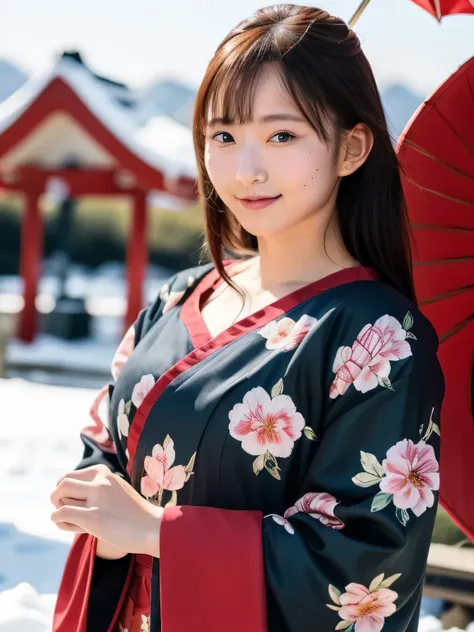 A breathtakingly beautiful 20-year-old woman with a slender physique, dressed in an elegant black and red kimono suitable for the Japanese New Year. She stands against the serene backdrop of a New Years sunrise, featuring a traditional Japanese shrine, sno...