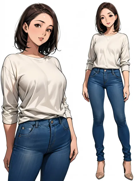 Detailed character sheet, Front view, Side view, Oblique view, with a white returnground, show women, 30 years old, with short dark brown hair combed return, Light casual clothing, Wearing tight denim jeans. The seat includes different angles, Front desk e...
