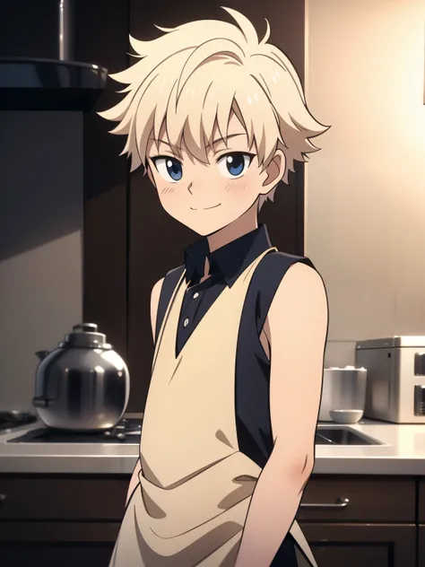 Highres, Masterpiece, Best quality at best,Best Quality,hight quality, hight detailed, Anime style, 1boy, Boy, Shota, Solo person, hansome, short hair, waiter, Sleeveless vest, bare shoulder, Upper body, kitchen, naughty smile, Slim body, Blurry beckground...