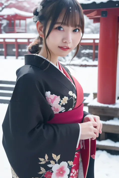A breathtakingly beautiful 20-year-old woman with a slender physique, dressed in an elegant black and red kimono suitable for the Japanese New Year. She stands against the serene backdrop of a New Years sunrise, featuring a traditional Japanese shrine, sno...