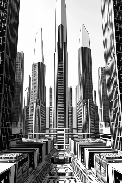 Outline drawing of a futuristic city black and white with no shading  