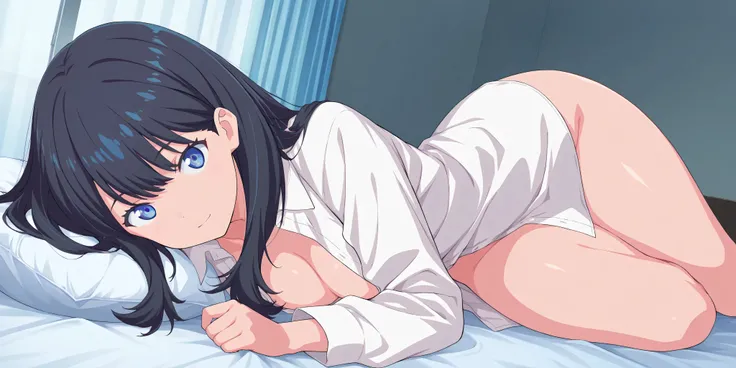 masterpiece,best quality,game cg,1girl,takarada_rikka,gridman_universe,ssss.gridman,solo,black_hair,blue_eyes,straight_hair,hair_between_eyes,looking_at_viewer,long_hair,(thick thighs:1.1), medium breasts, light smile, white dress shirt, naked shirt, cleav...