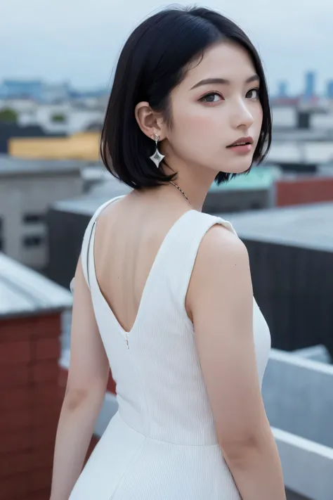 ((Rooftop of a building: 1,3)), ((Goth_punk, Alone, Mid Shot, Walking the rooftops of Harajuku, (( knight )), Blur, from behind , Rainbow Eyes, starry sky , Shining Black Hair , White eyebrows, shiny hair, (Seven shades of black hair ), Earring, good,...