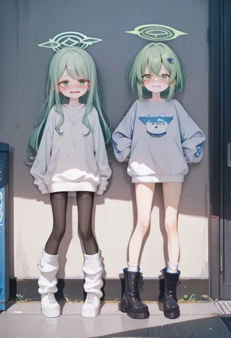 Best quality, Highest quality, Oversized sweater, 黒いブラジャー, tights, thick-soled boots, Loose Socks, wavy mouth, Shy, bags under her eyes, flat chest, skinny body, 2girls, blue archive , 1girl Tachibana Hikari, 1girl Tachibana Nozomi, 2girls green hair 