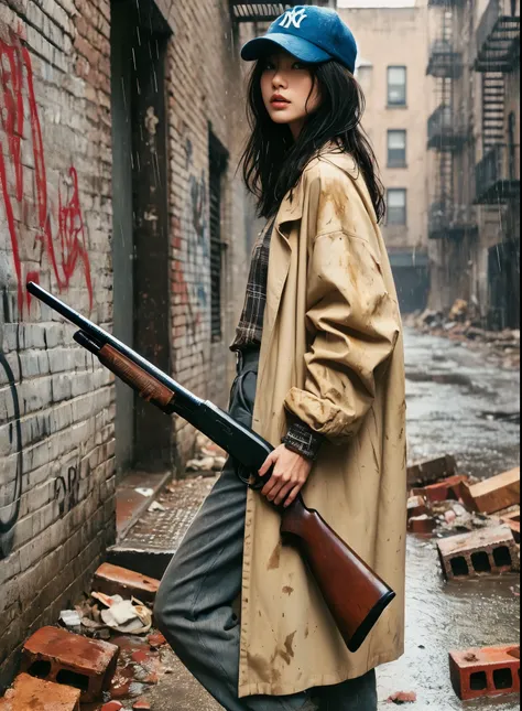 (highly detailed, realistic photo, realistic skin texture), 8K, an American-based beautiful Japanese woman holding a sawed-off shotgun at her waist and looking back, wearing a dirty and torn beige trench coat, a navy Yankees baseball cap, dirty high-top Ni...