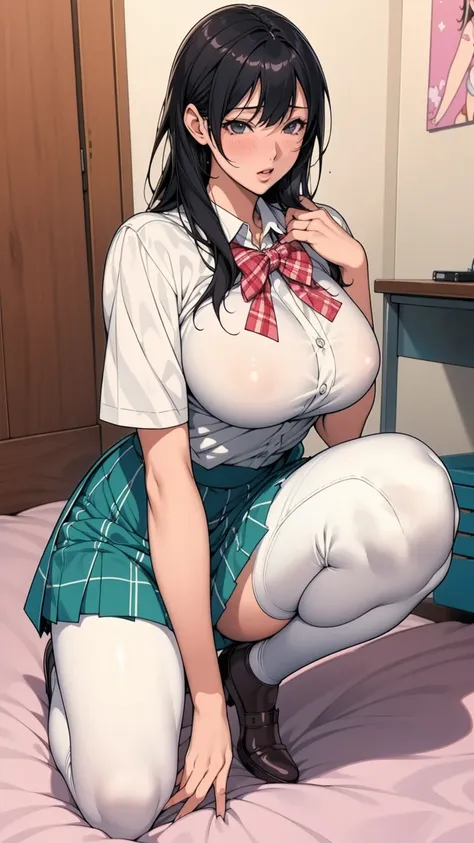 High school girl in white blouse and green checked skirt, long untied black hair, pinched eyes, long eyelashes, well styled and fairly large breasts, white pants showing through skirt, naughty anime style, beautiful anime high school girl, surreal high sch...