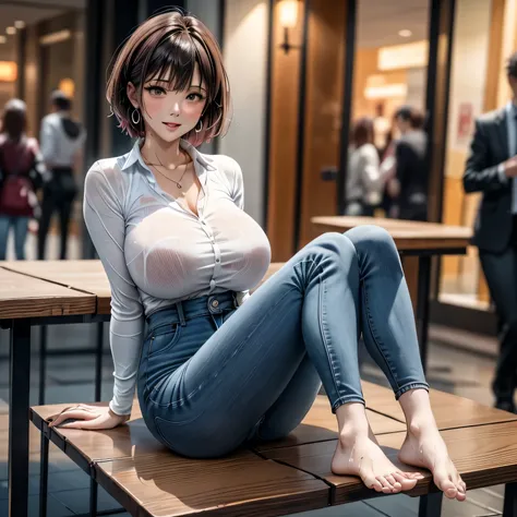 ( 1 Woman ), middle aged, looks away, ((blush)), my pants are completely exposed , エクスタシー顔, Pink Bob, ((huge breasts)), earrings for women with first name, necklace, (Climb over 、Rub your wet sexy panties against the edge of the table), (( feet , rais...