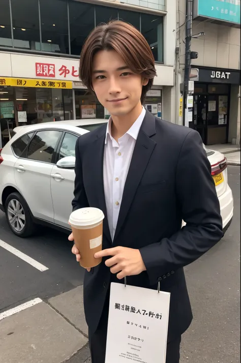 Good-looking salesman with brown hair、 Japanese、