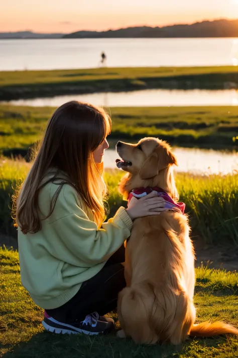 Girl and golden retriever watching the first sunrise