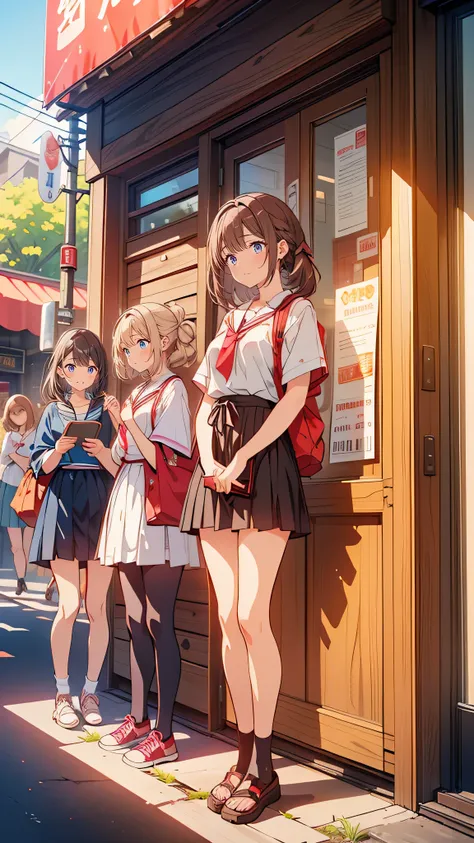 “Four high school girls stand together in line outside a small, bustling ramen shop on a sunny weekend afternoon. Each girl’s posture reflects her personality—one is scrolling through her phone, another leans on her friend’s shoulder, while another chats a...