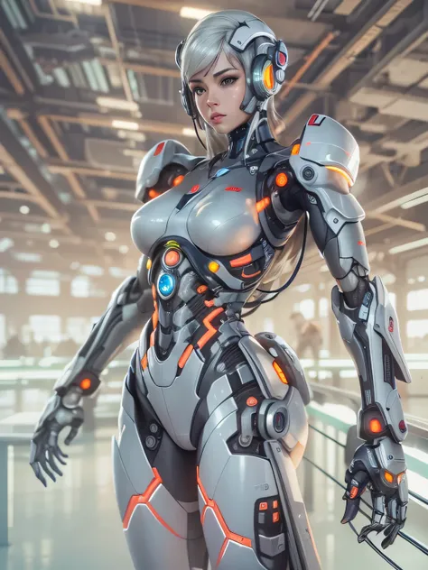 female cyborg robot,docking,servicing, fullbody view,