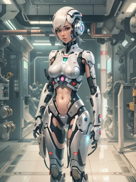 female cyborg robot,docking,servicing, fullbody view,