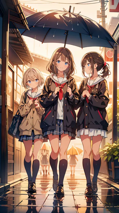 “Four high school girls huddle under a single umbrella as they approach a ramen shop on a rainy day. Raindrops glisten on the shop’s noren and wooden sign, while the soft glow of the interior light spills onto the wet street. One girl laughs as she acciden...