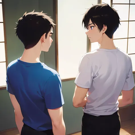 back shot, masterpiece, best quality, Japanese manga style, upper body, (looking away:1.5), side angle, (25 year old male: 1.5) and (short black hair) and (blue eyes), (white) and (T-shirt), (worried:1.3), inside living room, alone, standing,