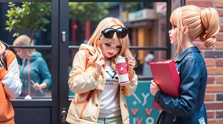 two women standing outside of a building talking to each other, very dynamic, still from a music video, tv commercial, music video, youtube video screenshot, so happy that her face hurts, screenshot from a movie, scene from a movie, still from a movie, sce...