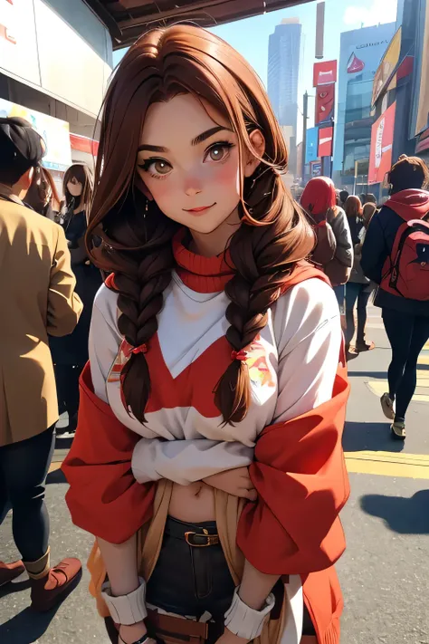  Beautiful young girl 20 years old  .  cosplay  . anime fan  . Breast size 4 .  brown hair , two braids ,   brown eye  .  without panties .   Shes at the anime festival  , so many people around her look at her and take pictures . Red wig 