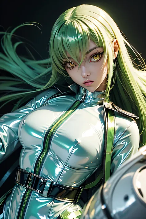  Perfect Anatomy 　  top quality ,  Highest Resolution ,(((metallic shiny latex white straitjacket　 shiny green hair 　 Yellow Eyes)))　c.c