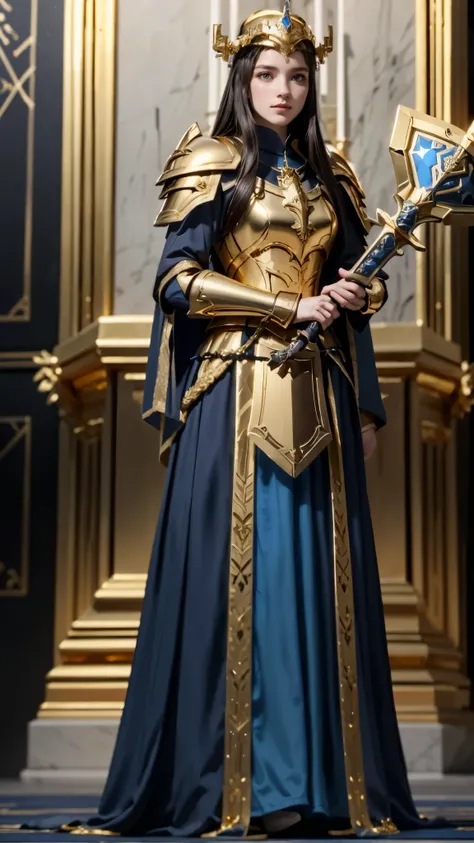  theres a woman in a blue dress holding a sword and a shield, Golden clothes, female cleric, uniform gold black ,  black and gold armor, diablo 4 queen, Feminine bag,  black and gold armor, pretty female cleric,  image of female champion , portrait of a Fe...