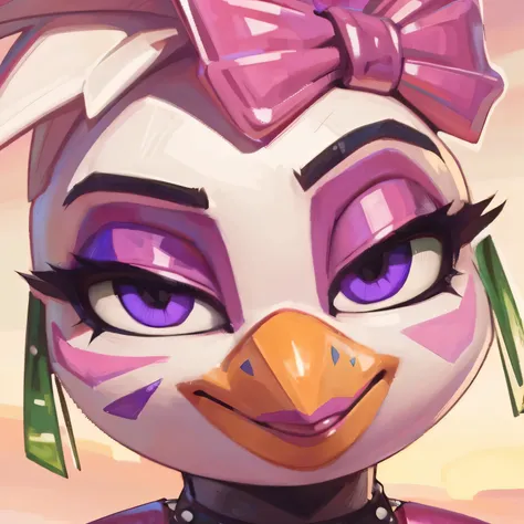 ((glamrock chica)), ((FNAF: furys rage)), ((pixelsketcher)), ((wamudraws)), ((thefuckingdevil)), ((masterpiece)), ((high resolution)), ((cartoon style)), ((solo portrait)), ((close up)), {(white feathers), (yellow beak), (messy hair), (pink highlights in h...