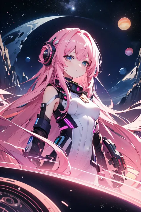 8K HD, A high resolution, Ultra-detailed, Portrait, Creative style artwork, beautiful galactic traveler with very long pink hair in an exotic hairstyle with stars accessories on her head wearing very modern futuristic space galaxy costume standing on the s...