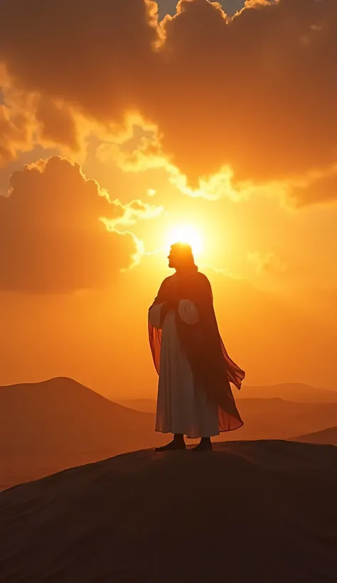 “A dramatic ancient desert landscape at dawn, with a solemn figure standing on a hill, his silhouette outlined against the rising sun. The man wears a flowing robe and holds his hands to his chest, symbolizing internal struggle. The sky is filled with hues...