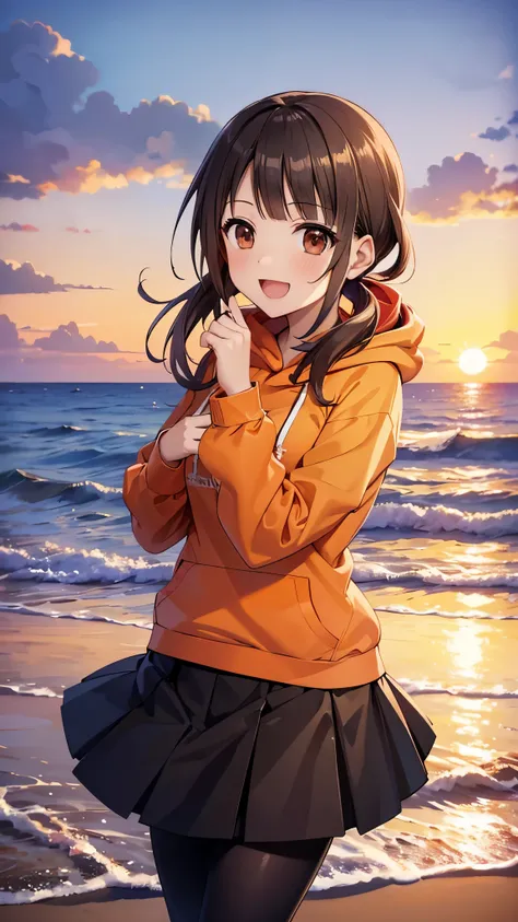 (top quality, greatest masterpiece),okitasawa,low twintale ,(orange hoodie:1.3),black long skirt,pantyhose, anatomically correct body , looking at the camera, very detailed facial features, beautiful and perfect face,(:d:1.3),Sunset sky,Evening summer a...