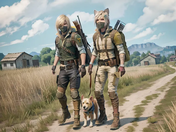 two people in costumes walking down a dirt road with a dog, in pubg, in game, in-game, in - game, wearing adventuring gear, fortnite style, gen z, gang, gamer, <mmorpgs scene, diverse outfits, realism in style of fornite game, highly stylized, wearing a fi...