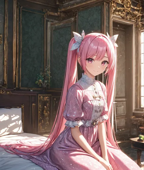 1girl, solo, Pink Shine Bright Hair, hair between eyes, Long hair, twintails, aesthetic detailed eyes, (Pink shiny Bright Eyes), bright pink eyes, looking at viewer,(pale cheeks), (skin colored cheeks), Mesmerise, Little smile, closed mouth, small breasts,...