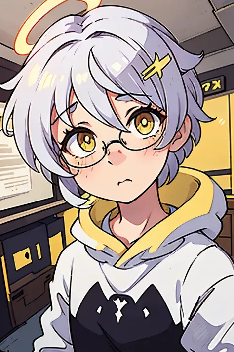 teenager, fluffy hair, messy hair, white hair with yellow highlights, alone, male, in room, close up, focus on face, short ponytail, curly hair, short hair, hoodie, halo, glasses, alone, cat ears, angel wings, angel