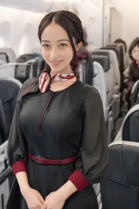 (masterpiece:1.2, top quality :1.2), 32kHDR, high definition , (Alone、 1 girl)、( on board)、In-flight background、( wearing a JAL flightattendant uniform )、(( short sleeve jumper skirt in a JAL flightattendant uniform {x} JAL flightattendant uniform 、R...