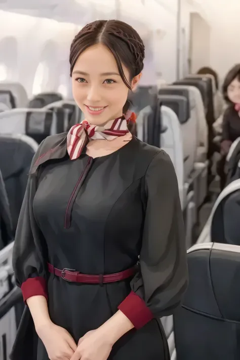 (masterpiece:1.2, top quality :1.2), 32kHDR, high definition , (Alone、 1 girl)、( on board)、In-flight background、( wearing a JAL flightattendant uniform )、(( short sleeve jumper skirt in a JAL flightattendant uniform {x} JAL flightattendant uniform 、R...