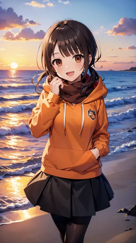 (top quality, greatest masterpiece),okitasawa,low twintale ,(orange hoodie:1.3),black long skirt,pantyhose, anatomically correct body , looking at the camera, very detailed facial features, beautiful and perfect face,(:d:1.3),Sunset sky,Evening summer a...