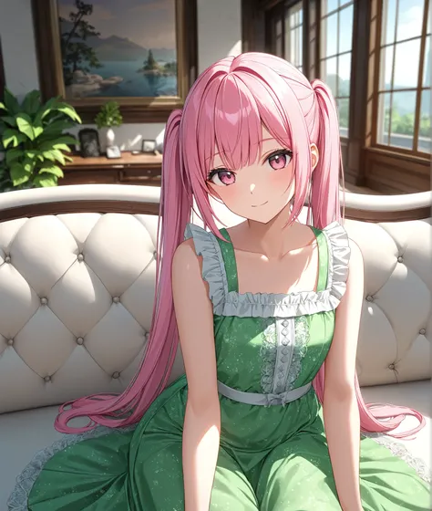 1girl, solo, Pink Shine Bright Hair, hair between eyes, Long hair, twintails, aesthetic detailed eyes, (Pink shiny Bright Eyes), bright pink eyes, looking at viewer,(pale cheeks), (skin colored cheeks), Mesmerise, Little smile, closed mouth, (half body, co...