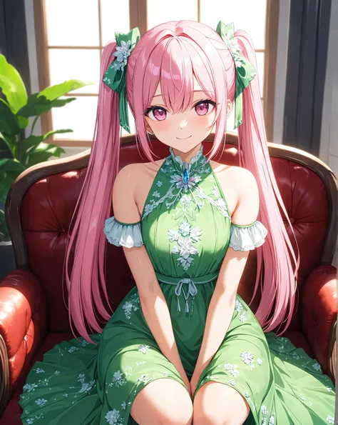 1girl, solo, Pink Shine Bright Hair, hair between eyes, Long hair, twintails, aesthetic detailed eyes, (Pink shiny Bright Eyes), bright pink eyes, looking at viewer,(pale cheeks), (skin colored cheeks), Mesmerise, Little smile, closed mouth, (half body, co...