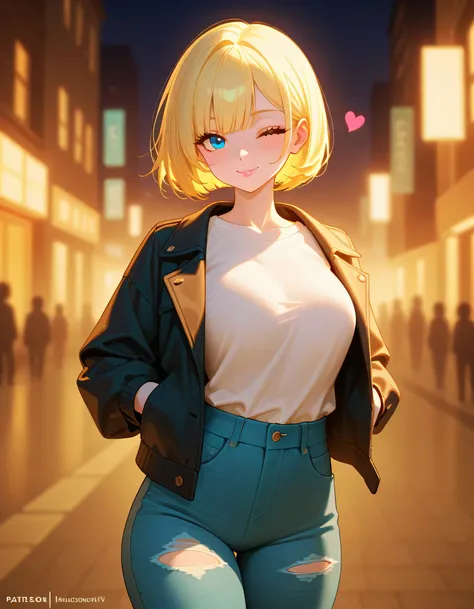 top quality, masterpiece, high definition, 1 girl, pensive and blushing, hearts in the air, perfect beautiful face, bob cut, jacket and short ripped jeans, elegance and style of a beautiful, intricate details, cinematic feel, 8k, very detailed, big breats,...