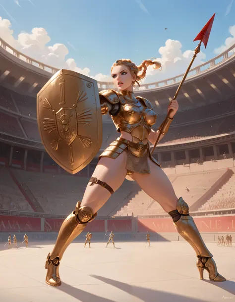 Ancient Rome, Colosseum, Robot Gladiator from the future, female, mechanical body, full body armor, (holding short spear in right hand), (holding small shield in left hand) (metal thigh high pumped stiletto boots), fighting, lions