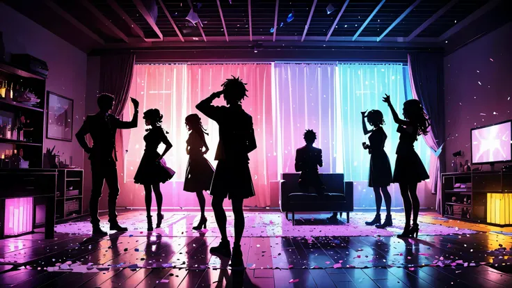 20 silhouette people standing partying in living room, detailed, alcohol, confettii on floor, lights, no windows, happy atmosphere