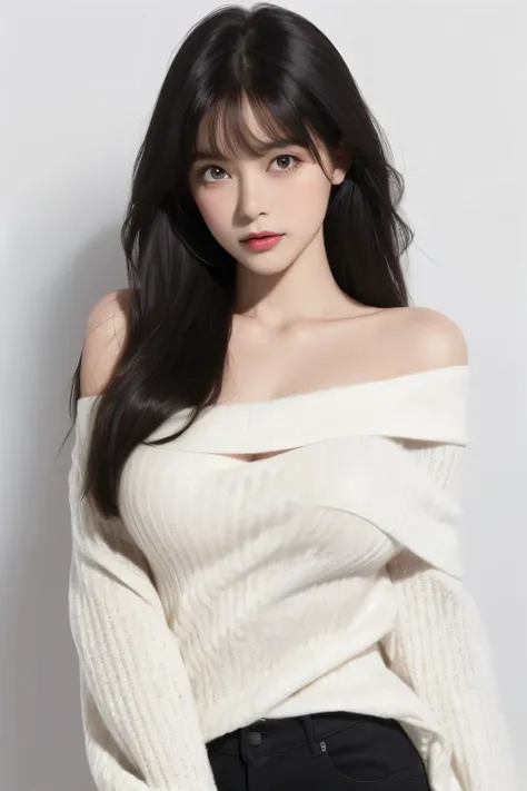 (lifelike,high resolution:1.3), A slim girl, The face shape and eyes are super delicate,black hair,red glossy lips,(beautiful face), (best quality), (Super detailed), (Extremely detailed CG unified 8k wallpaper),((Tight off-shoulder sweater)),(White backgr...