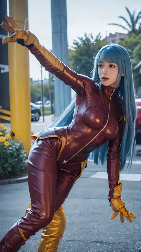 (masterpiece), best quality, expressive eyes, perfect face ((kof)), ((king of fighters)), ((kula diamond)), kula, ((long blue hair)), ((young girl)), yellow gloves, ((full maroon leather bodysuit)), ((zip red, maroon full bodysuit)), skintight, breasts exp...