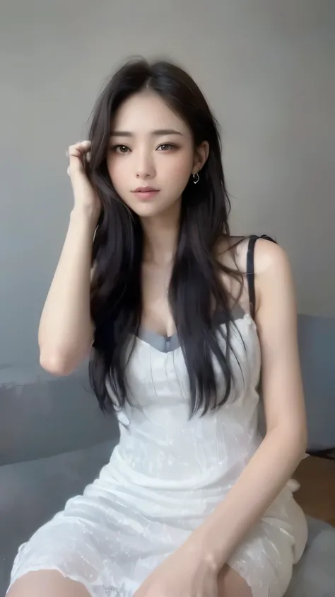 ((top-quality、8k、masterpiece:1.3))、Beautiful woman with perfect body:1.4、slim abdomen:1.2、Longhair, normal breast, Highly detailed facial and skin texture, A detailed eye, (smile), (full body shot), ((studio)), (sitting on the chair), (((wearing white dre...