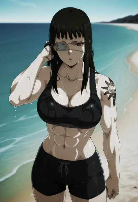 1girl,solo,mm,mature female,black hair,eyepatch,brown eyes,large breasts,anime coloring,long hair,
muscular,black sport bra and black sport shorts,cowboy shot, hand in own hair, wet,beach, tattoo, 
,masterpiece,best quality,amazing quality,