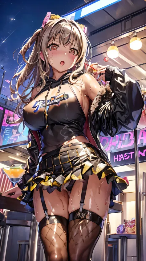 (highest quality)), ((masterpiece)), (familiar), Perfect Face,Shiny skin,(((Beautiful breasts、Shiny skin)))、(((mini skirt、garter、fish net tights、hoodie Parker 、fur jacket、brown hair)))、(((oiled skin)))、(((Sweat)))、(((Off the shoulder)))、Double teeth 、(((ni...