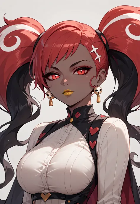 woman, pigtail hair, red eyes, dark gray skin, large breasts, yellow lipstick, anime style, closed mouth