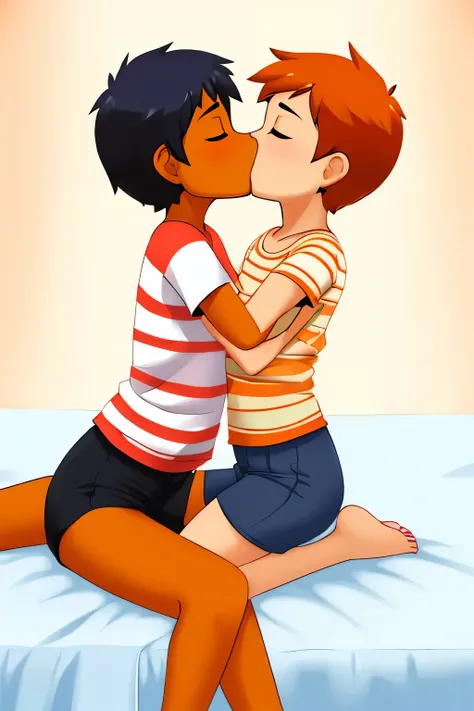 Young girl wearing white and orange striped t shirt and orange shorts and young boy wearing a navy blue t shirt and black shorts sitting on a bed together, kissing, making out, passionately, sexy, hot, lustful